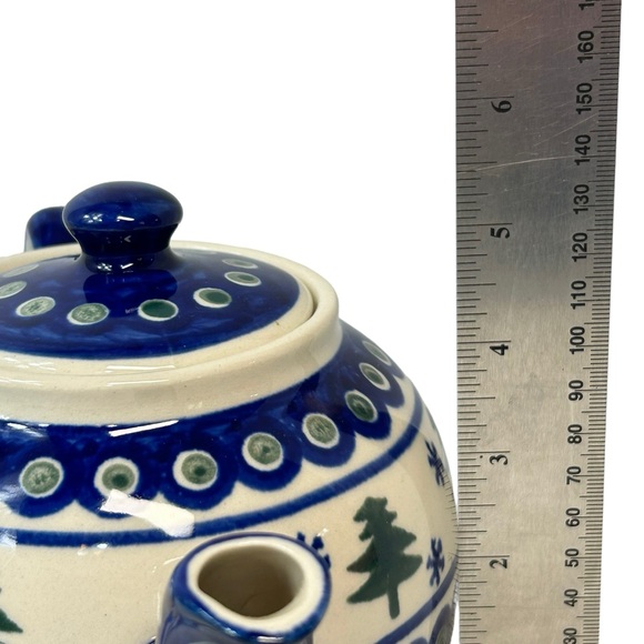 Boleslawiec Polish Pottery Teapot with Lid Pine Trees Snowflakes Poland EUC - Picture 9 of 10